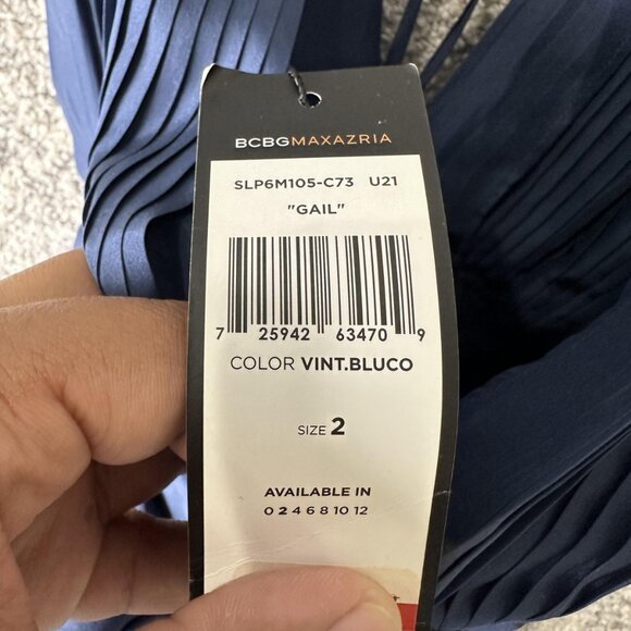 BCBGMAXAZRIA Dress Womens 2 Navy Gail 100% Silk Pleated V Neck Tie Back Mini Bow - Picture 6 of 8